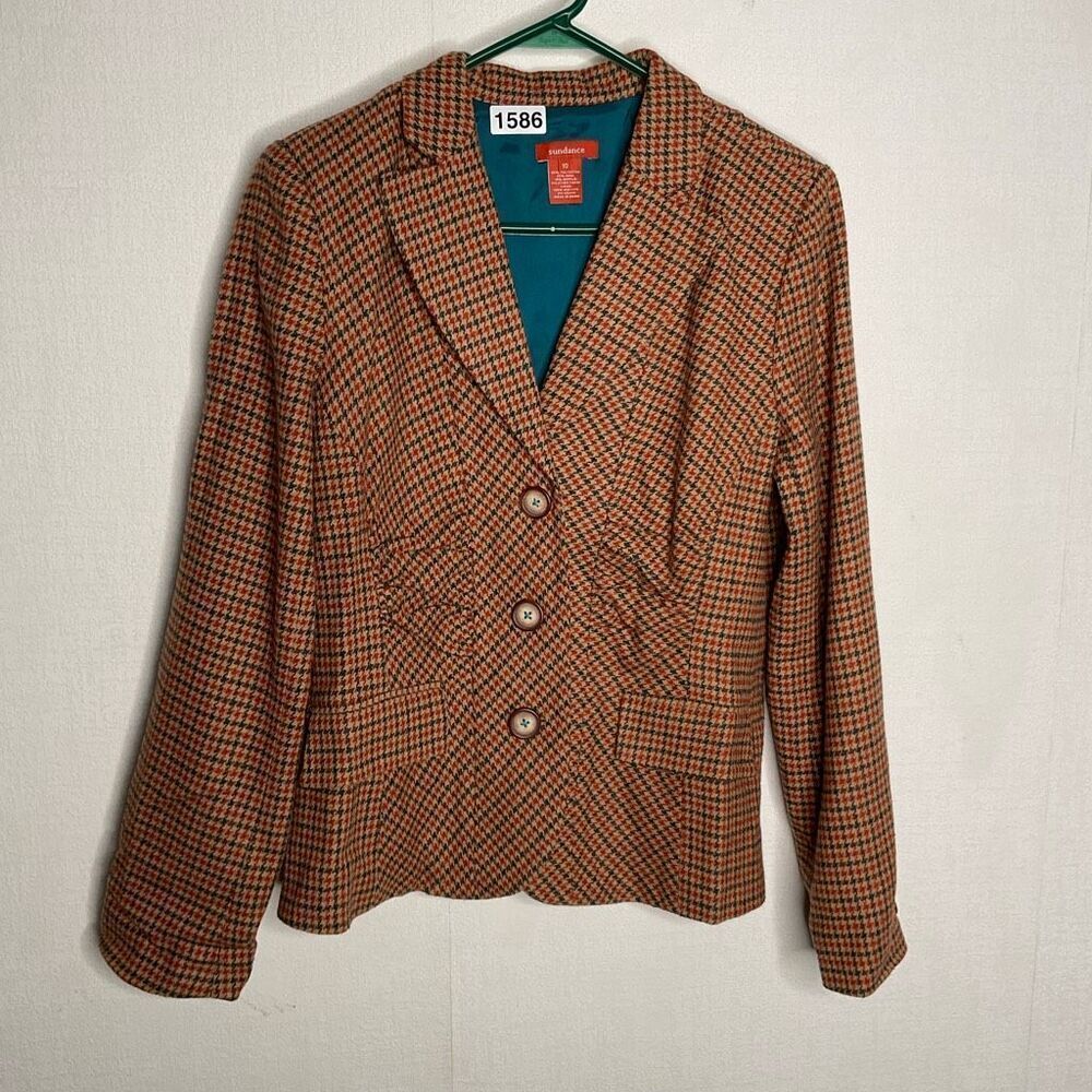 Sundance Blazer Womens 10 Houndstooth Wool Blend‎ Pleated Peak Lapel Brown Y2K